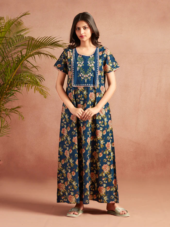Blue Floral Printed Embroidered Nighty