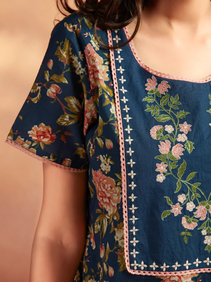 Blue Floral Printed Embroidered Nighty