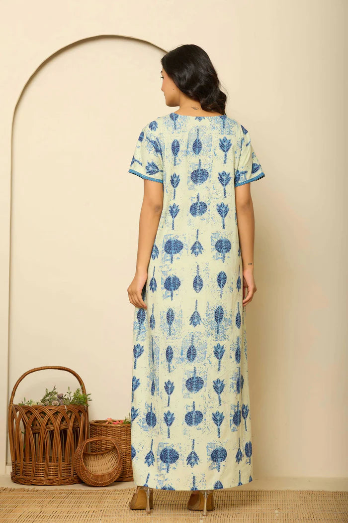 Beige&Blue Cotton Embroidered Nighty