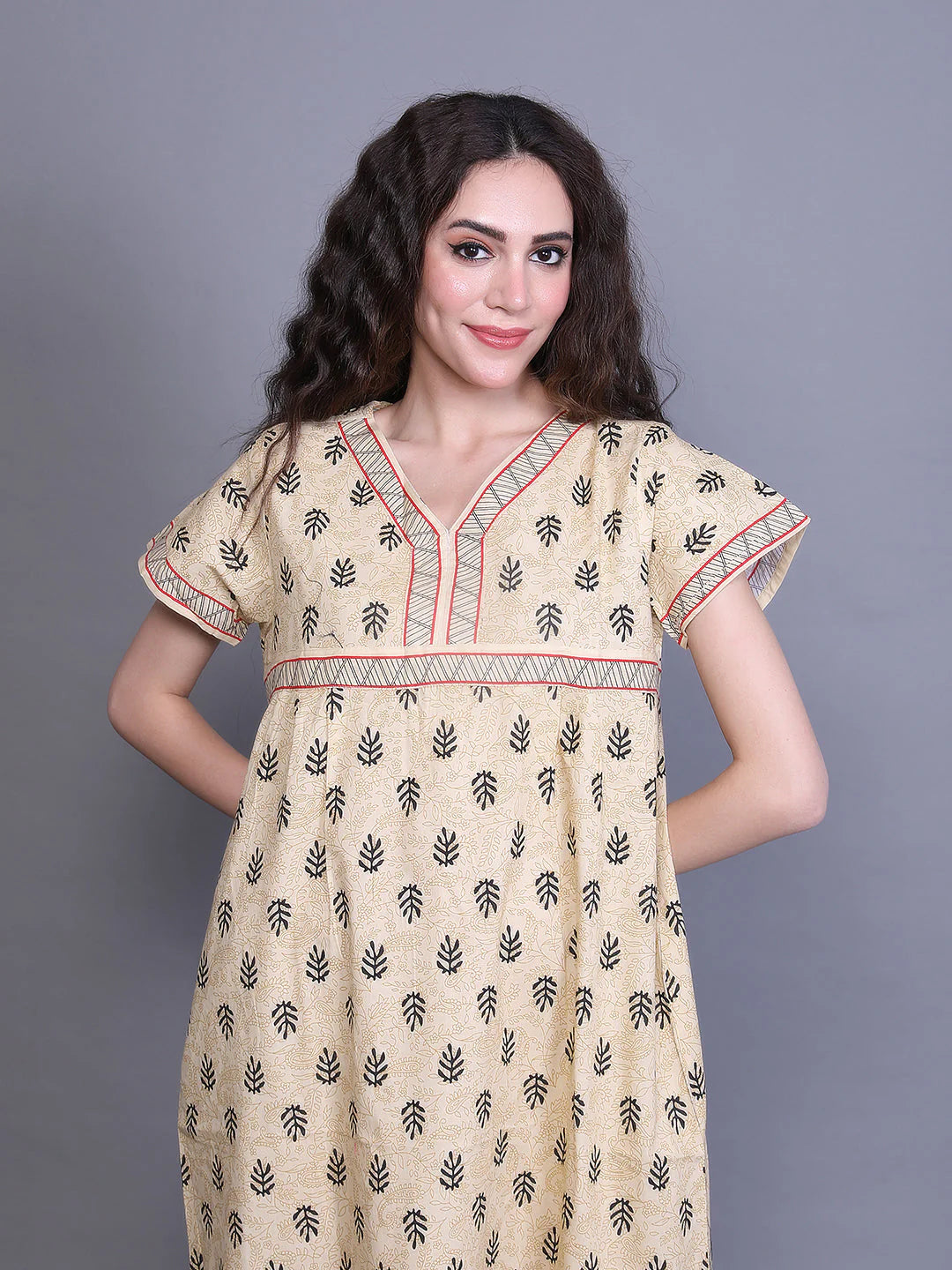 Cream Printed cotton nighty