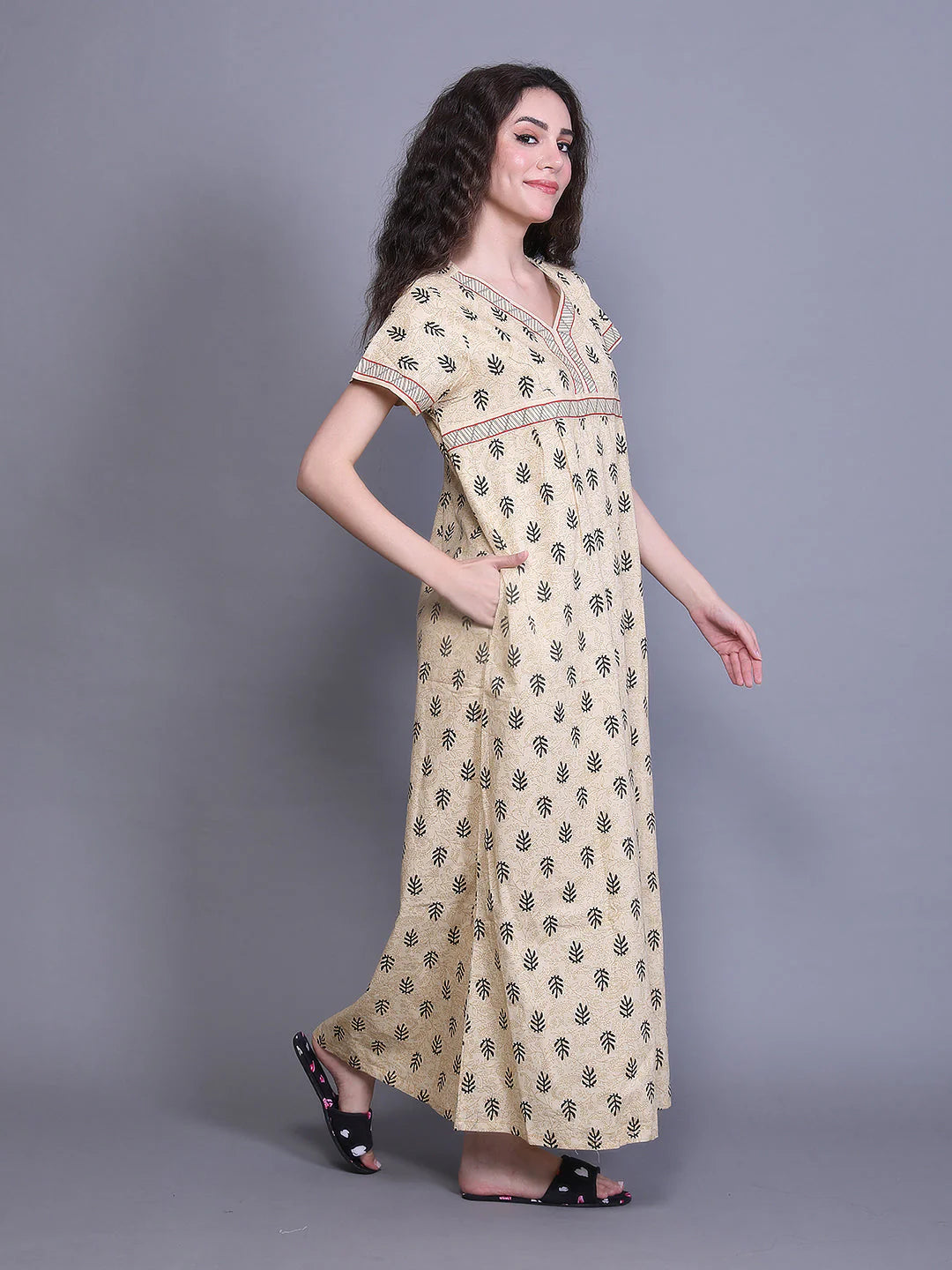 Cream Printed cotton nighty