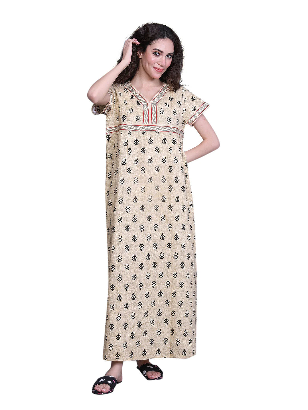 Cream Printed cotton nighty