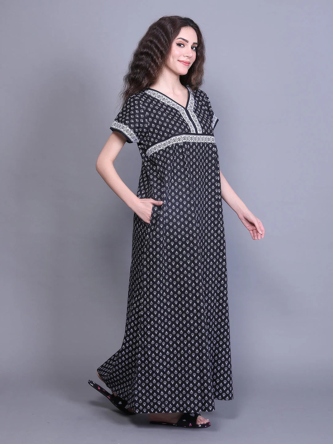 Black Printed Cotton Nighty
