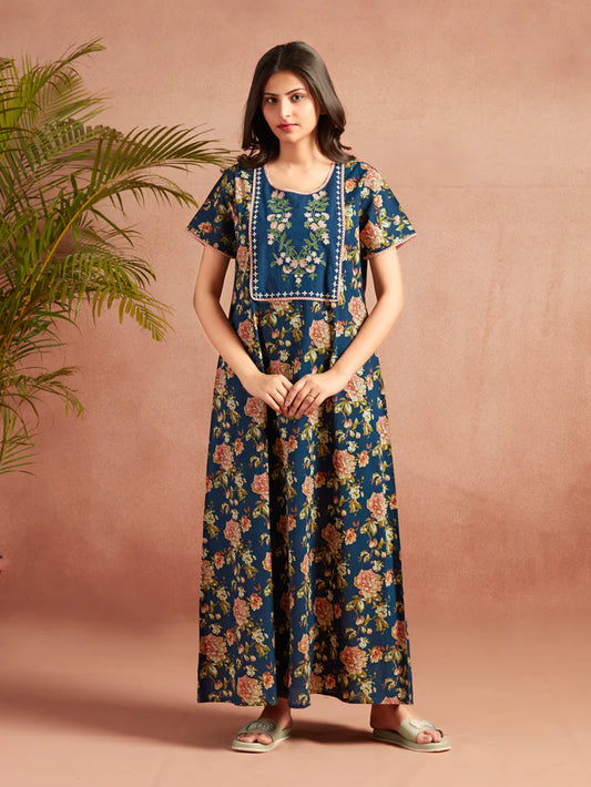 Blue Floral Printed Embroidered Nighty