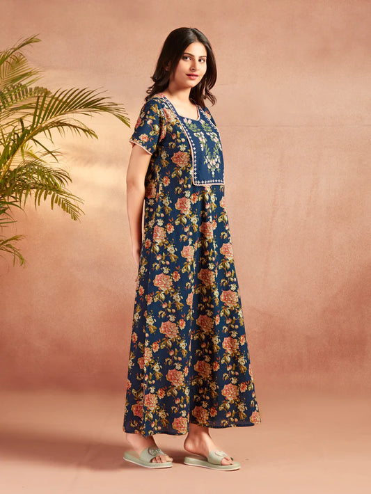 Blue Floral Printed Embroidered Nighty