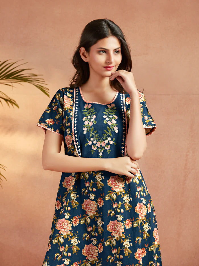 Blue Floral Printed Embroidered Nighty