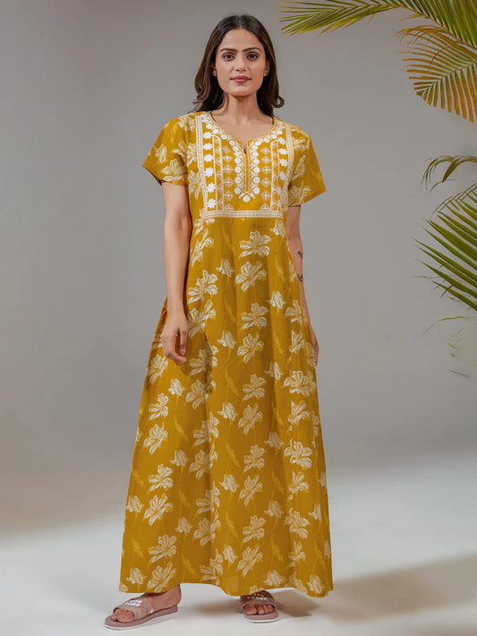 Yellow Premium Embroidered Nighty