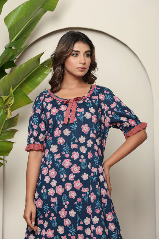 Navy Blue Cotton Floral Frock Nighty