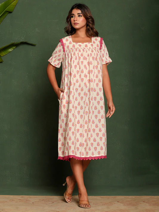 Off White Premium Printed Cotton Frock Nighty