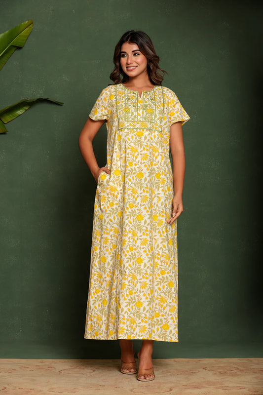 Yellow Premium Floral Printed Nighty