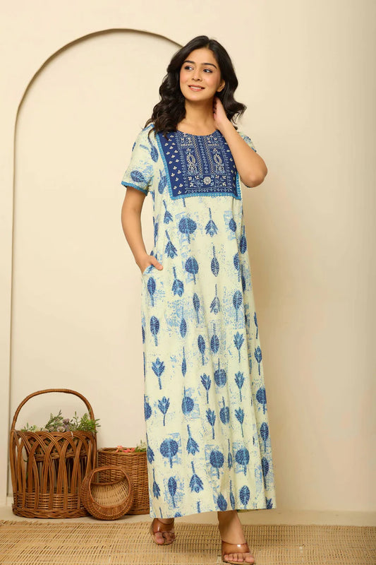 Beige&Blue Cotton Embroidered Nighty