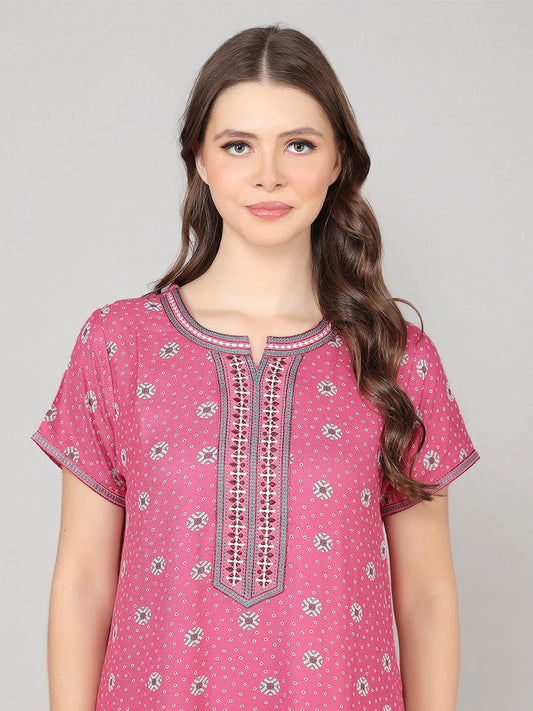 Taffy pink Alpine Nighty with Neckline Embroidery