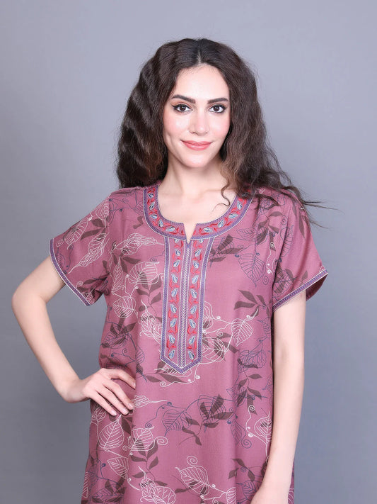 Alpine Nighty with Side Pocket & Neckline Embroidery | Printed