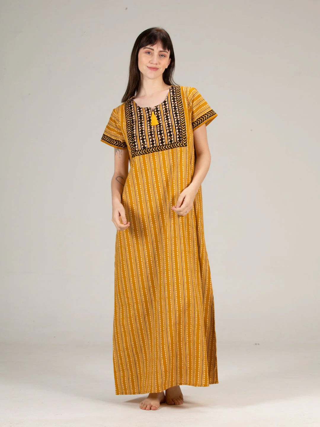 Golden Yellow Cotton Printed Nighty