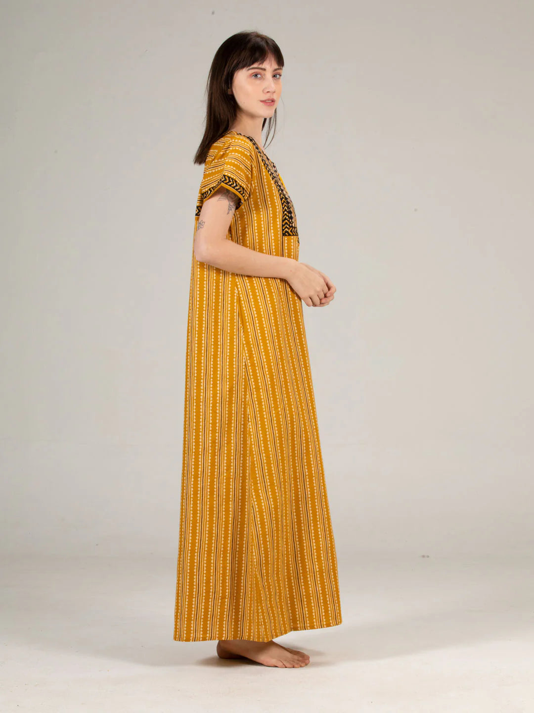 Golden Yellow Cotton Printed Nighty