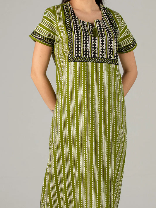 Olive Green Cotton Printed Sleepwear