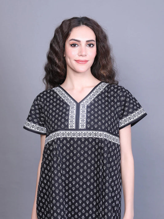 Black Printed Cotton Nighty
