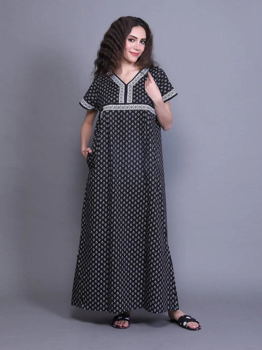 Black Printed Cotton Nighty