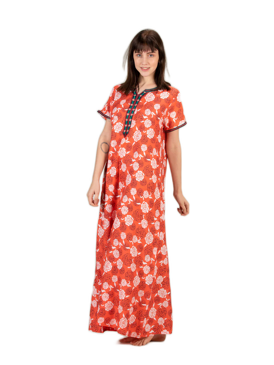 Orange Viscose Liva Nighty with Floral Embroidery