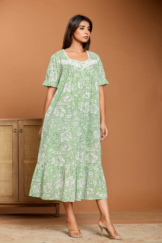 Green Premium Printed Cotton Frock Nighty