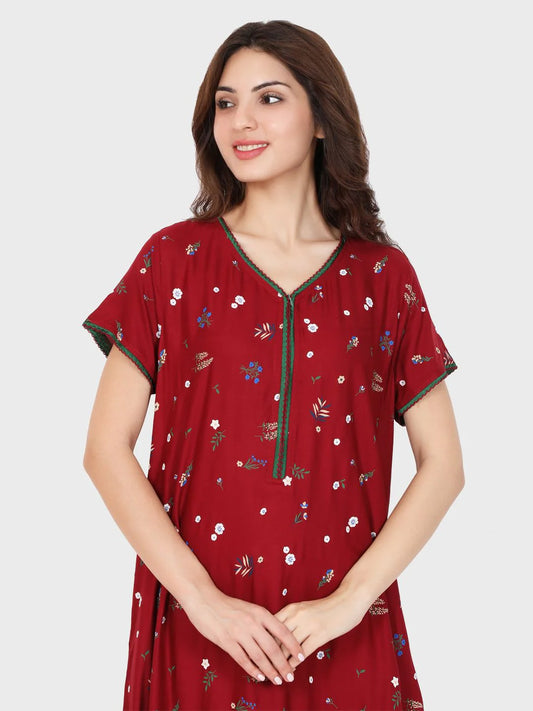 Maroon Rayon Printed sleepwear